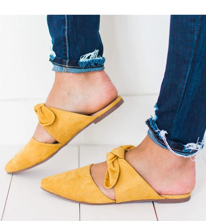 Новые летние тапочки на плоской подошве с острым носком и бантом сандалии 6 Цвет Для женщин обувь Лидер продаж пляжные