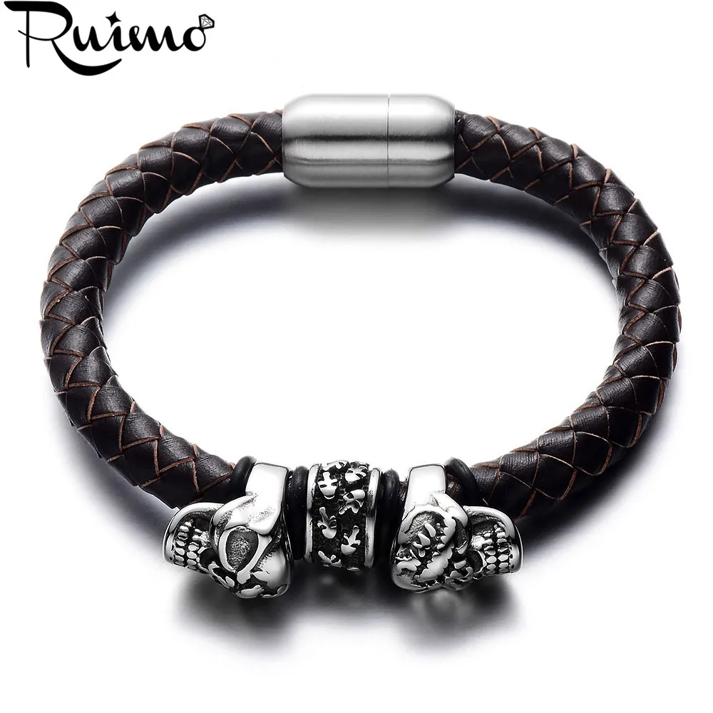 Женские кожаные браслеты RUIMO черные плетеные в стиле панк из нержавеющей стали 316L