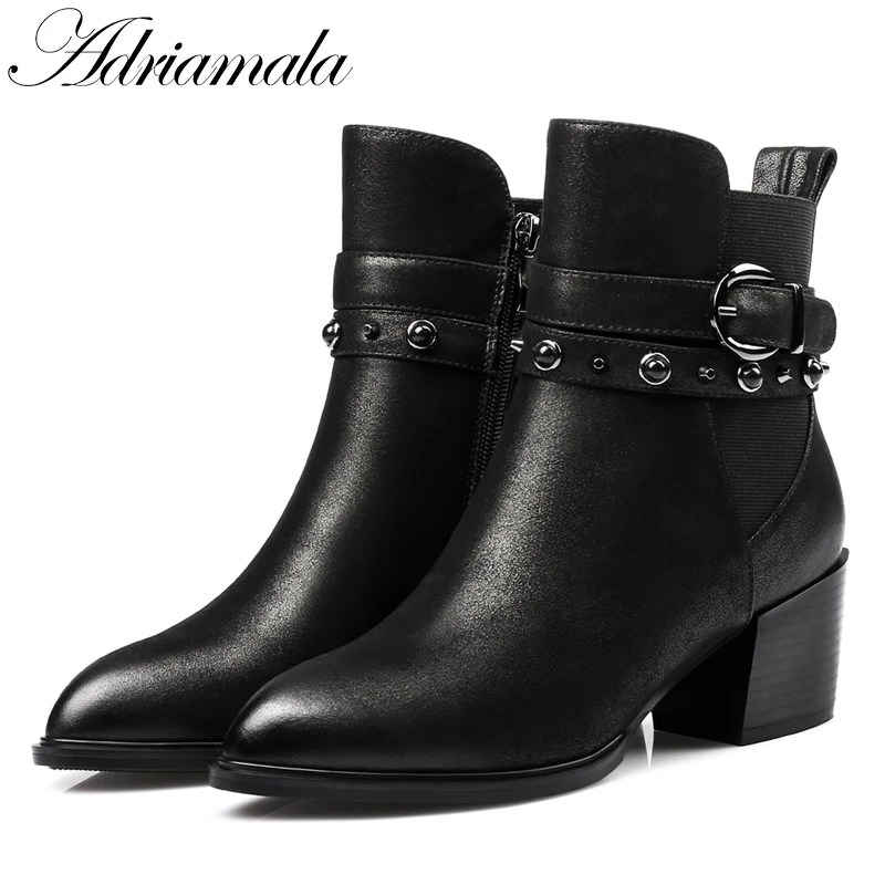 2017 острый носок толстый каблук Ботильоны из натуральной кожи для Осенне-зимняя