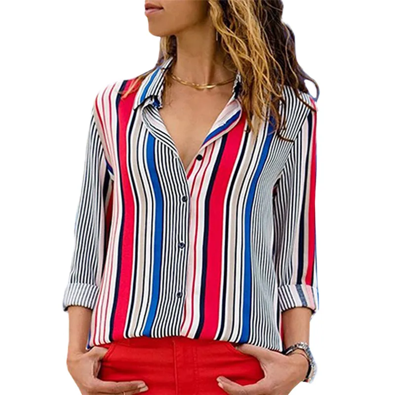 2019 Spring Fashion Striped Print Turn-Down Chiffon Women Blouses Casual Long Sleeve Beach Ladies Tops Vintage Office Shirts 3XL