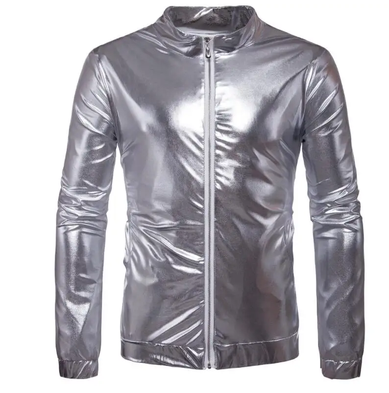 Glossy leather jacket men motorcycle coat slim jackets clothes personalized jaqueta couro stage street fashion gold silver | Мужская