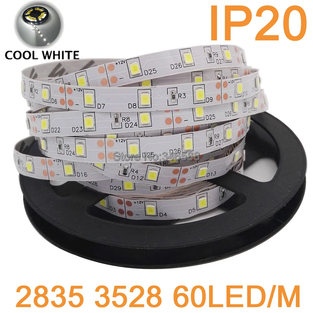

5M/Roll DC12V 300LEDs 60led/m 3528 2835 SMD Flexible LED Strip IP20 Non-Waterproof White Color 6000-6500K 12V LED Tape Ribbon