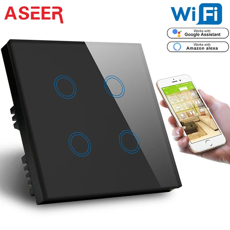 ASEER, стандарт Великобритании 4 банды Wifi настенный выключатель беспроводной дистанционный светильник переключатель, приложение управление Умный переключатель с Alexa Google Assistant