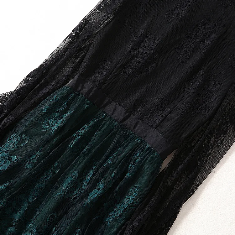 2019 Весна длинный рукав кружева Ruched Вечерние Платье черный и зеленый Лоскутная