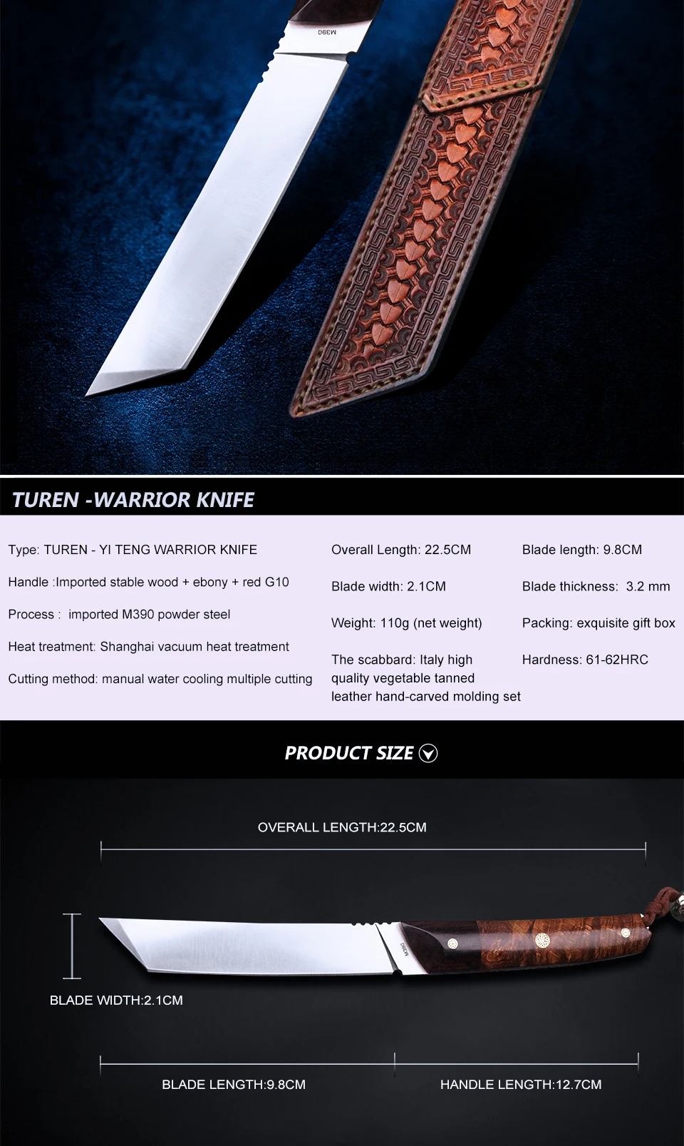 Охотничий нож из TURENZ-M390 стали с фиксированным лезвием в японском стиле, самурайский меч Танто, коллекция Катана с оболочкой