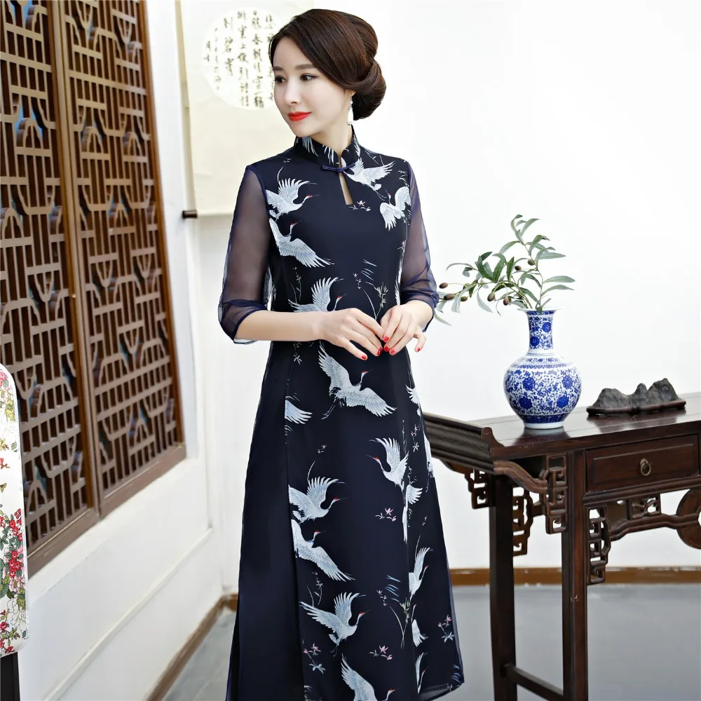 Шанхай история комплект из 2 предметов Qipao длинное китайское платье шифон Восточный стиль платье Ципао с коротким рукавом для женщин