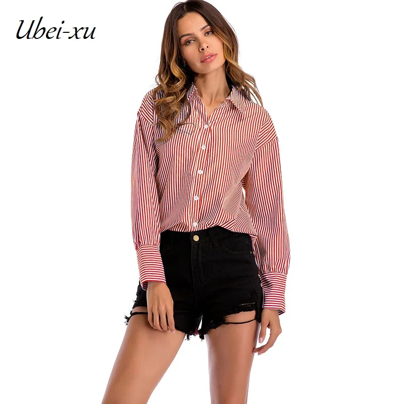 Ubei2018 профессиональный рубашка Новые женские осенне-синий/красный в полоску