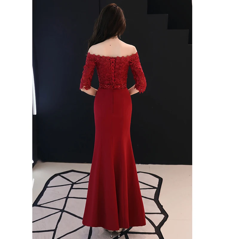 Beauty Emily Prom Gowns Plus size Beading Wine Red Lace Boat Neck Mermaid Floor Length Half Sleeves up Back Dresses | Свадьбы и