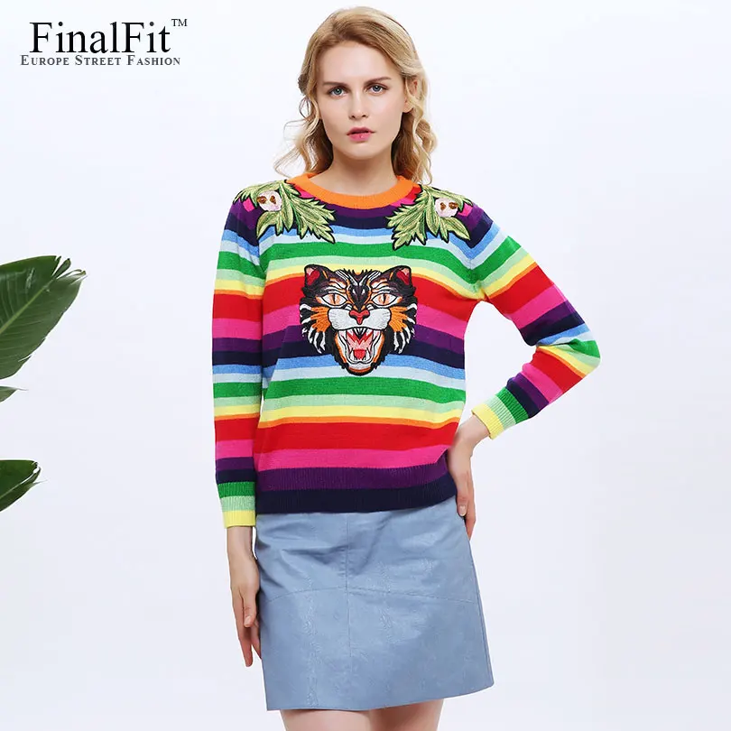 FinalFit женский свитер в радужную полоску цветочный принт животное тигр вышивка