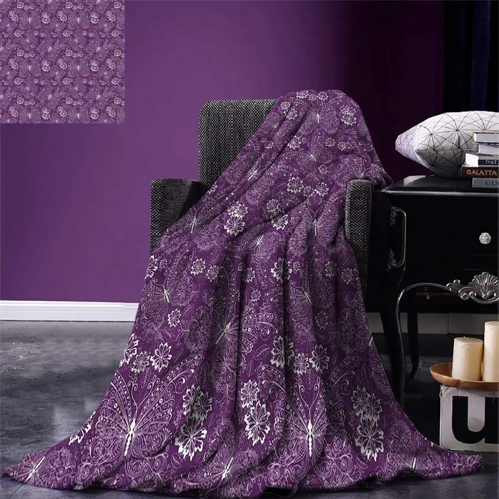 

Plum Throw Blanket Floral Romantic Pattern with Vintage Style White Butterflies Swirly Wings and Flowers Warm Microfiber