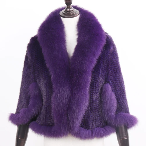 purple Стиль, настоящий натуральный мех норки, Пашмина, женский модный вязаный шарф из меха норки, Женский натуральный мех норки и воротник из меха лисы, пончо, шаль - Цвет: purple