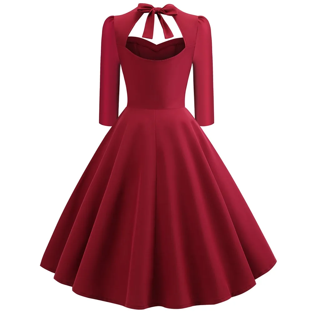 Vintage Dress Women Autumn Burgundy Tunic Bowknot Pleated Stylish Sexy Backless 2019 Elegant Casual Party 1950s Retro Midi | Женская