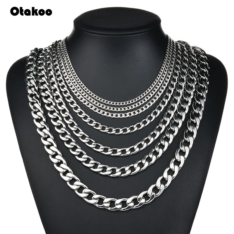 Otakoo 3-11 мм мужские из нержавеющей стали кубинское звено ожерелье-цепочка, серебро цвет цепи 20-90 см Модное Длинное Ожерелье s для мужчин