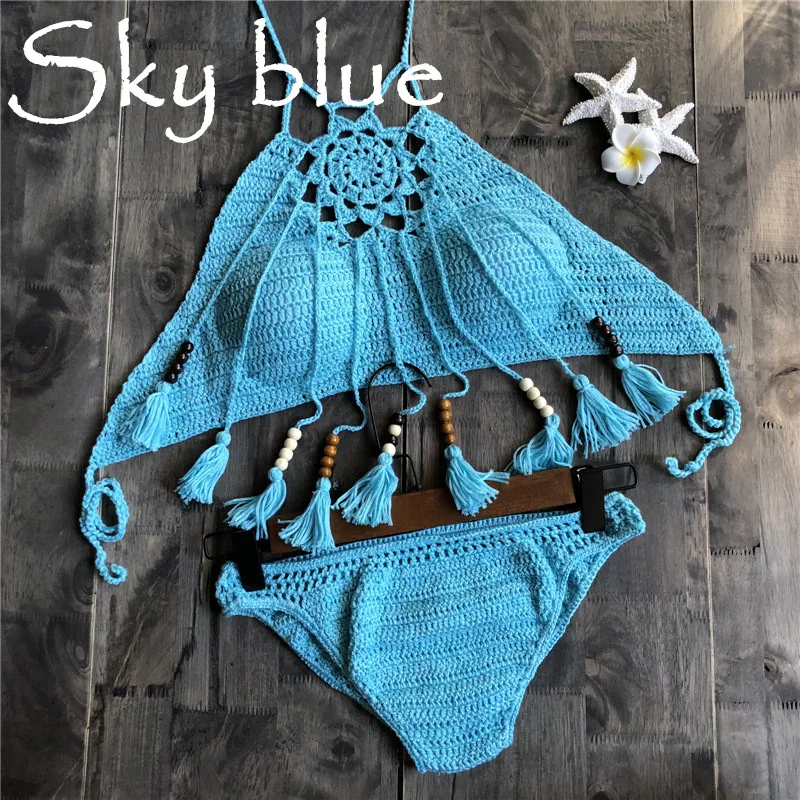 sky blue Everkaki, вязаный купальник с кисточками, Женский комплект бикини, женский купальный костюм в богемном стиле, сексуальный женский танкини, купальник для женщин - Цвет: sky blue