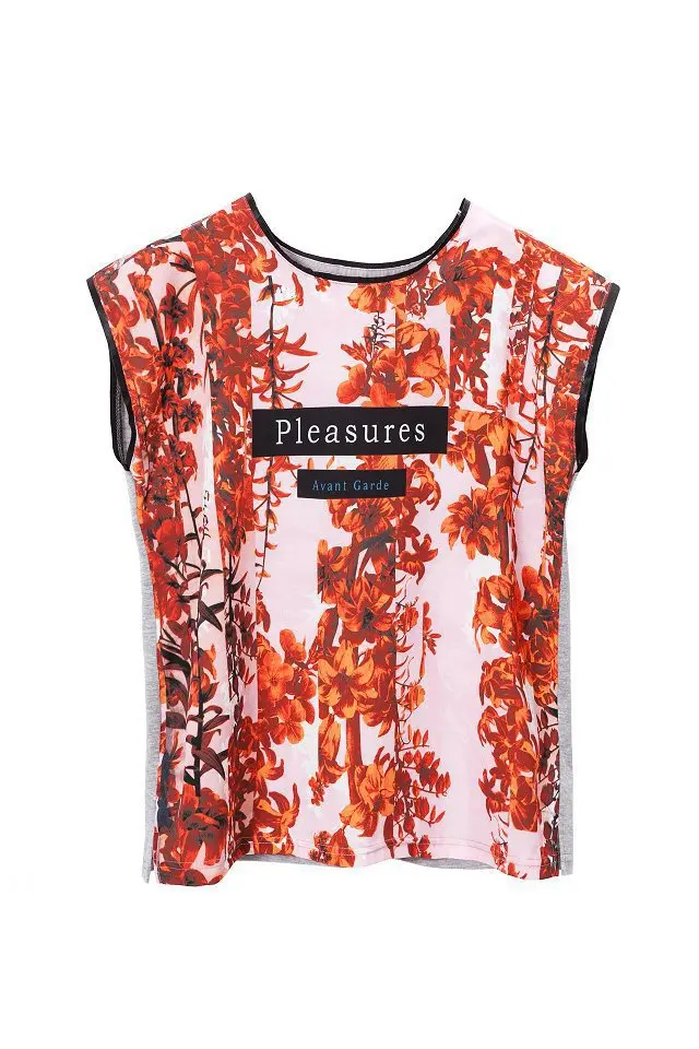 Wholesale 2014 new spring and summer flower vine European stand leather trim stitching compassionate letters printed T-shirt | Женская