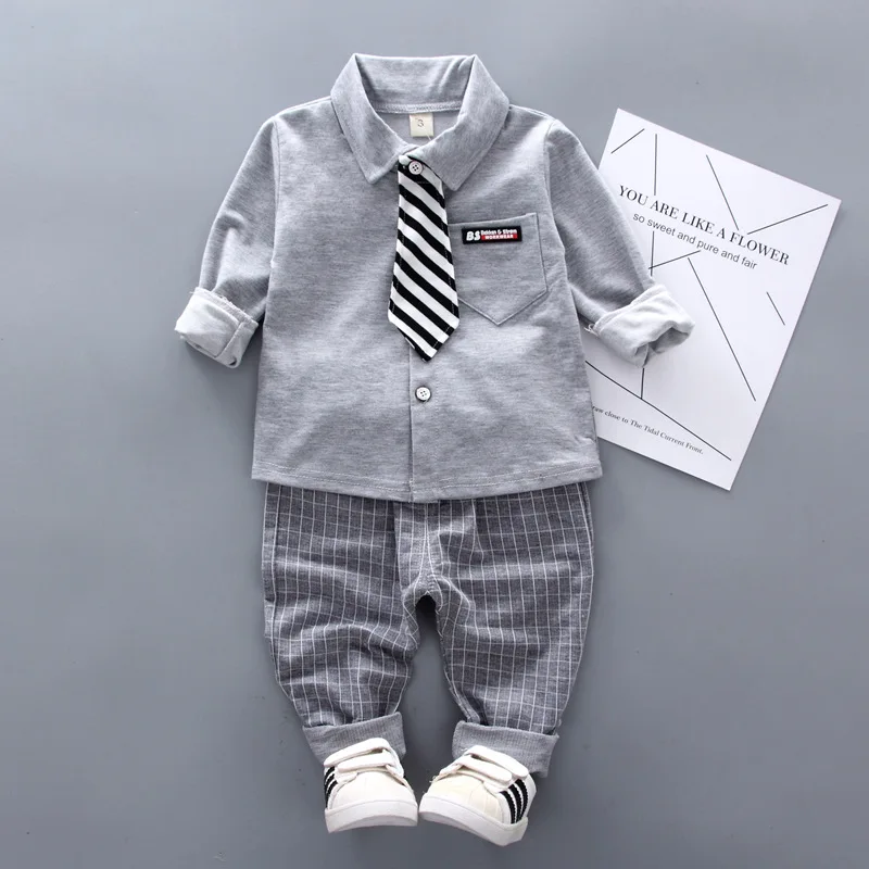 Baby Toddler Boys Clothes Autumn Spring Long Sleeves T-Shirt With Tie + Pants Set Children Boy 2019 New Gentleman |