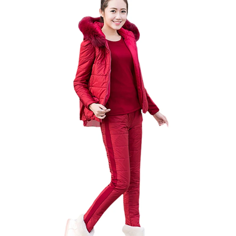 2017 Для женщин зимние теплые хлопковые 3 предмета комплекты (жилет с капюшоном +