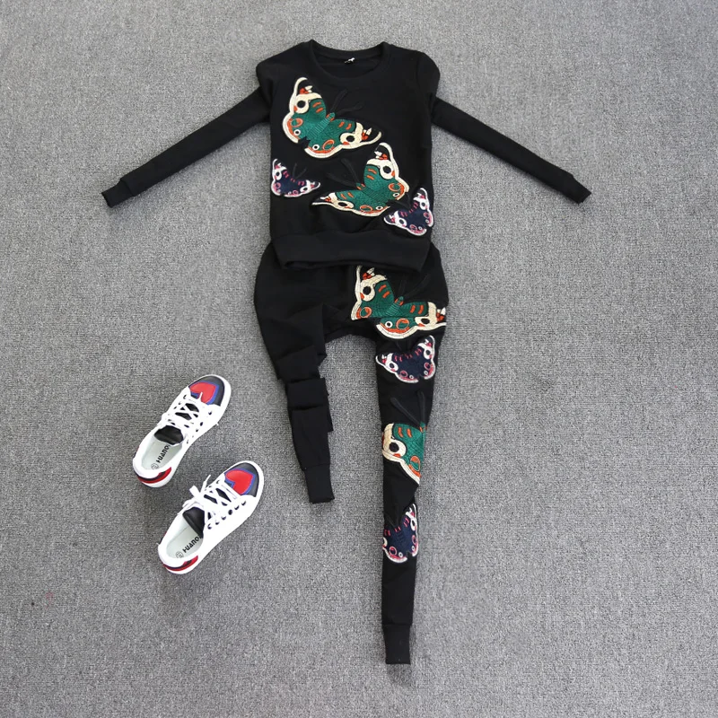 lady butterfly pant suit spring casual 2 piece set women's embroidery shirt top+pants | Женская одежда