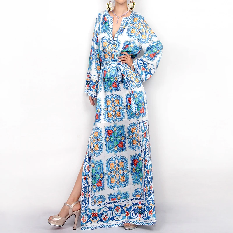 EUROV 2018 New Arrival Sprng Women Dress Holiday Star Porcelain Beach Slit V-neck Beading Floor Length Dresses | Женская одежда