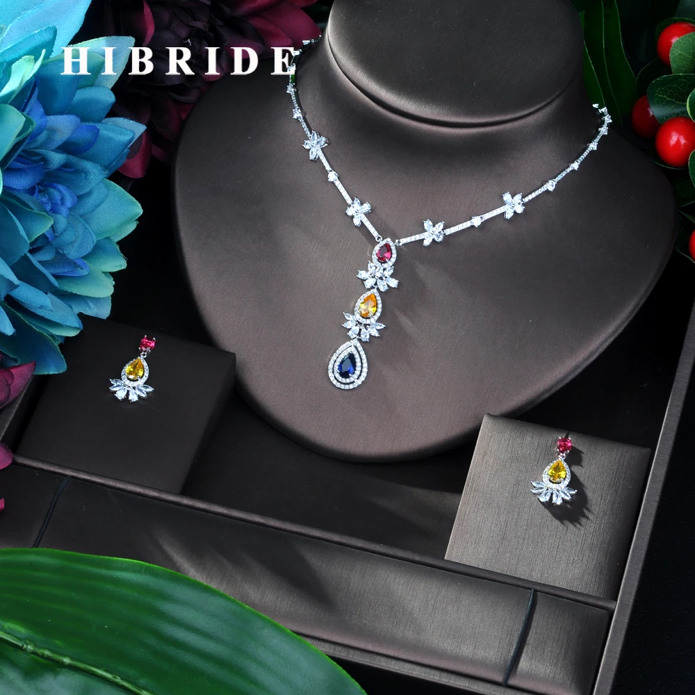 

HIBRIDE Hot Sale Multicolor AAA Cubic Zircon Pendant Necklace Earrings Set Fashion Elegant Jewelry Set Women Birthday Gift N-25