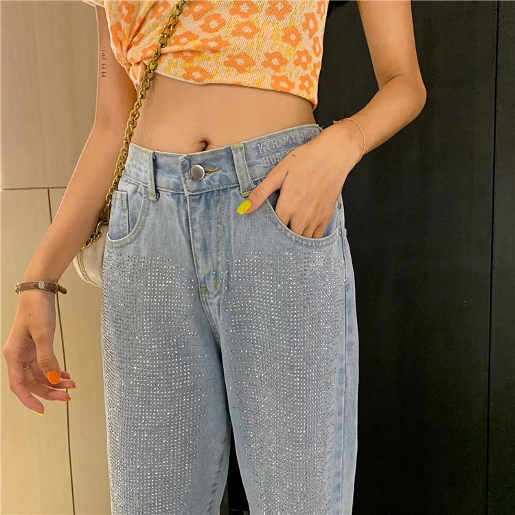 RUGOD Women blue denim pants hole diamond slim high wide leg pants new fashion female jeans femme ripped plus size glitter