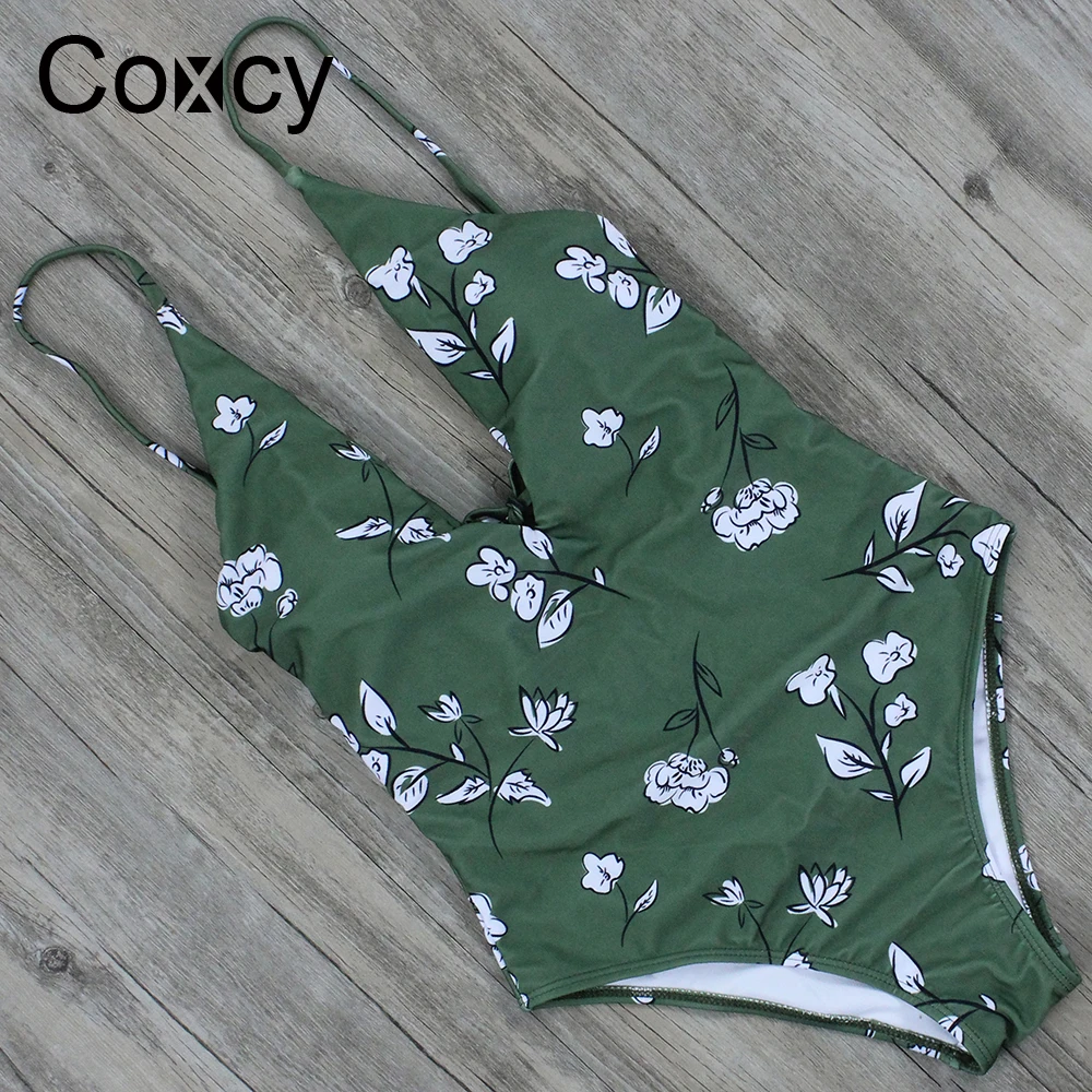 Coxcy 2018 One Piece Bikini Sexy Bodysuit Bandage Swimsuit Women Swimwear Print Cut Out Beach Wear Bathing Suit Monokini | Спорт и