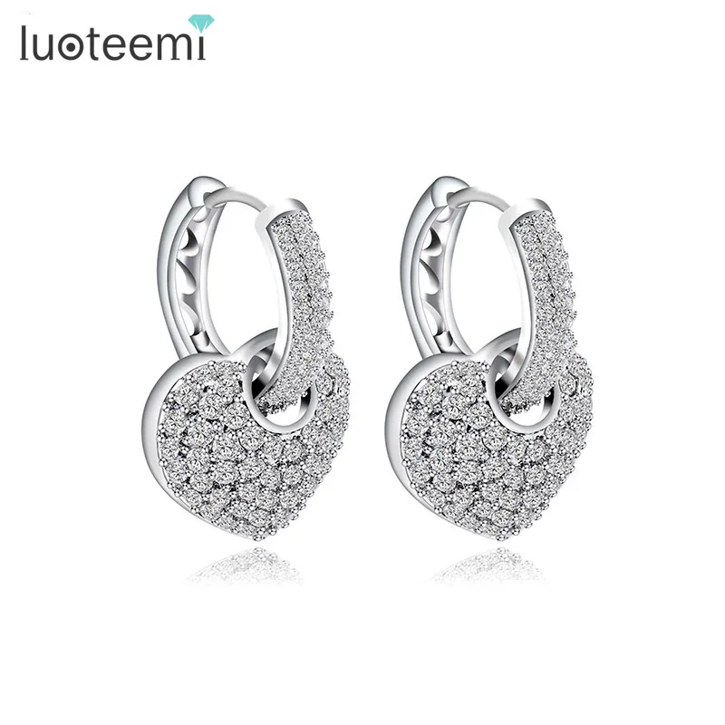 

LUOTEEMI Brand New Design High Quality Tiny Crystal Hoop Earrings with Heart Pendant for Women Micro Shining CZ Wedding Brinco