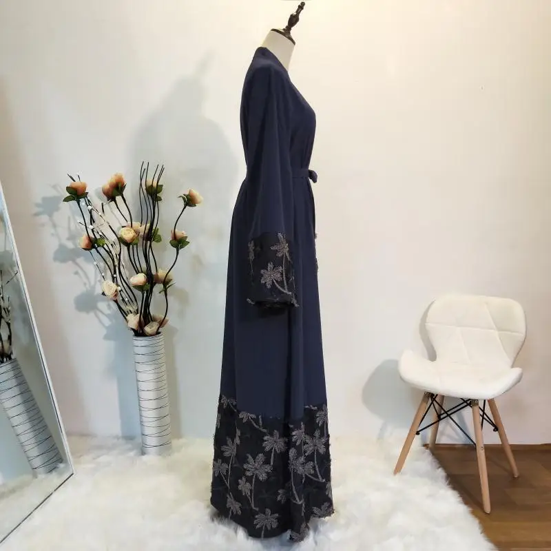 2019 модное женское мусульманское платье кардиган лоскутное синее Дубай Caftan