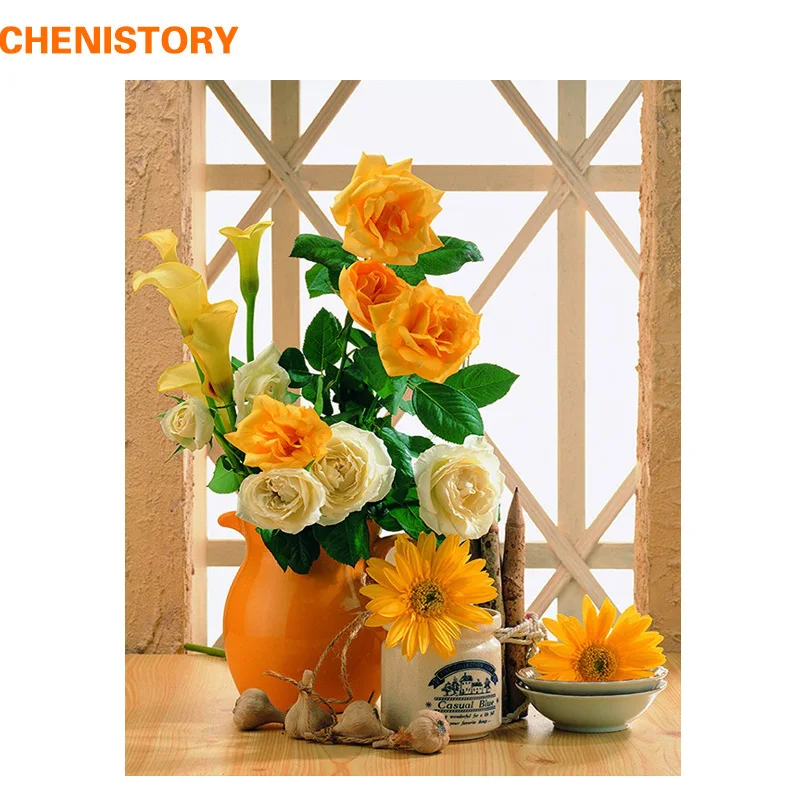 

CHENISTORY Yellow Flowers DIY Painting By Numbers Kit Acrylic Paint On Canvas Calligraphy Painting Coloring By Number Home Decor