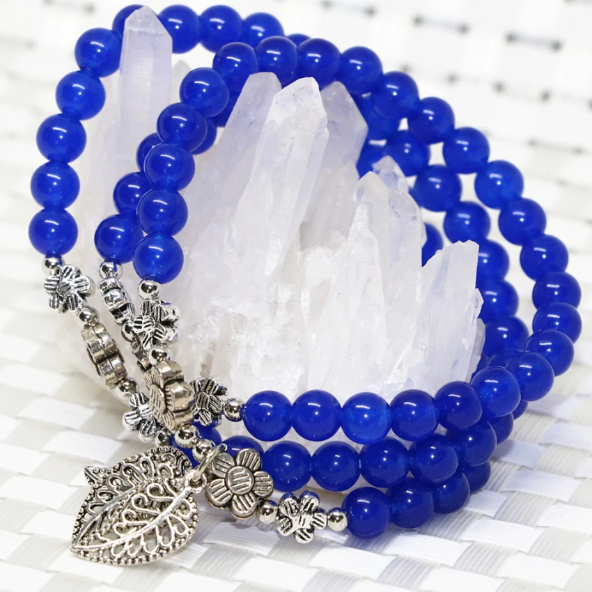 Original multilayer bracelet for women high quality natural blue round jades stone chalcedony 6mm beads jewelry making B2223 | Украшения и