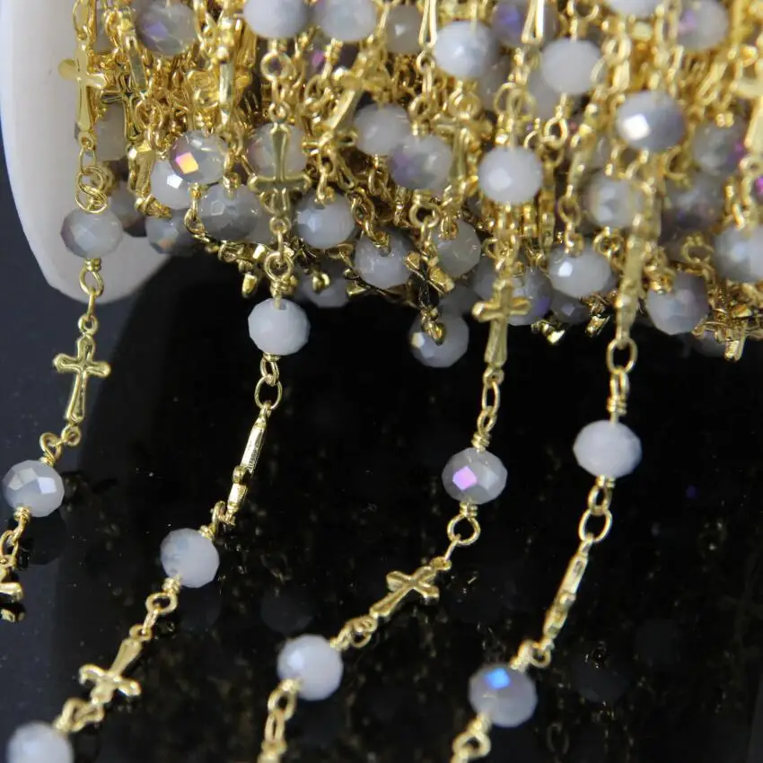 

5Meter Purple titanium Glass bead Chain, Faceted Rondelle with gold plated Cross Rosary Chains,Wire Wrapped Fashion Necklaces