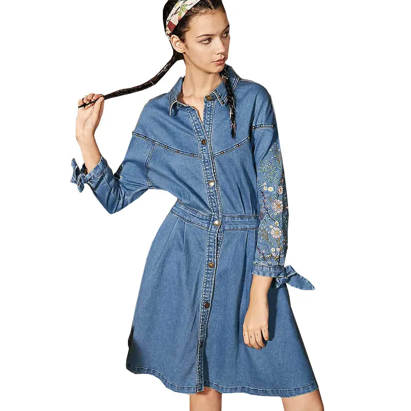 Весеннее джинсовое платье женские модные джинсы с вышивкой и заклепками