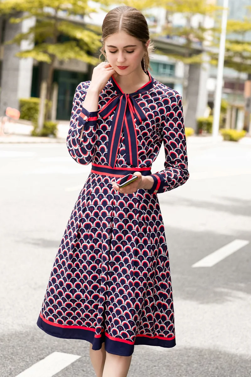 Plus Size High Quality Autumn New Women'S Fashion Work Party Boho Beach Vintage Elegant Chic Fish Scale Print Long Sleeve Dress