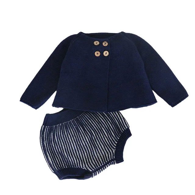 blue set Комплект одежды для малышей, осенняя трикотажная одежда для мальчиков и девочек, шерстяной костюм, вязаный кардиган+ шорты, комплект из 2 предметов, верхняя одежда для малышей - Цвет: blue set