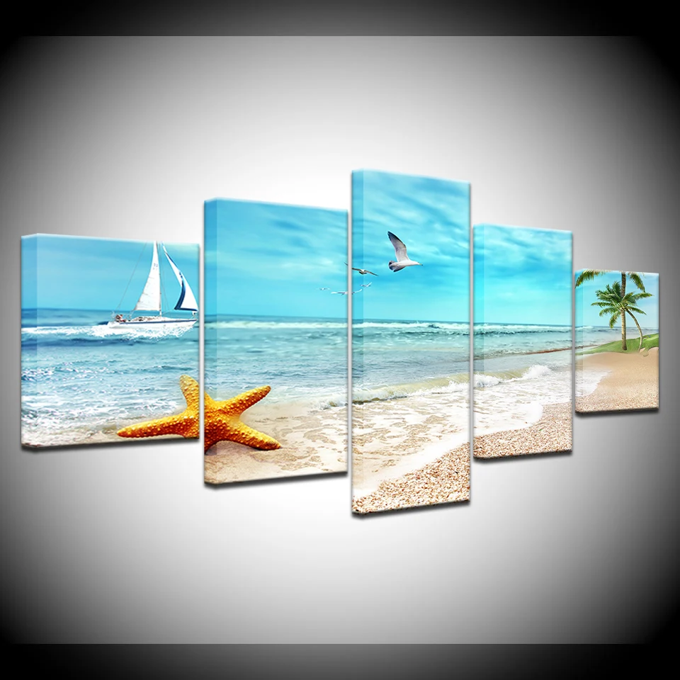 

Modern simple seagull Beach Canvas Painting Wall Art Print Painting Decorative Wall Pictures Living Room Decor 5 panel Frame