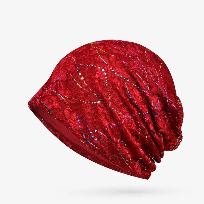 Wine Red Wuaumx новые кружевные вязаные шапочки шапки для женщин с блестками полый тюрбан шапки головной убор Хип-хоп хеджирующая шапка тонкая и толстая Slouch cap s - Цвет: Wine Red
