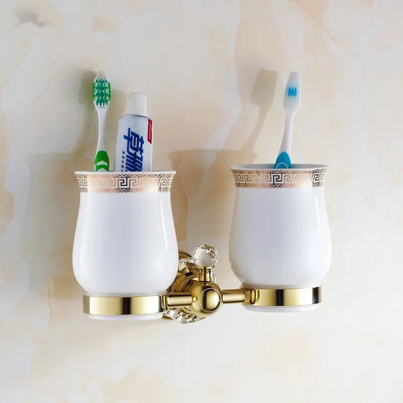 Двойной держатель для чашек в ванную комнату с золотистыми кристаллами полка