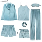 Пижамный комплект женский из 7 предметов, атласная Шелковая пижама в полоску, милая Домашняя одежда, длинная и короткая Пижама
