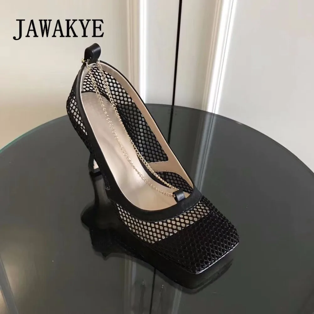 JAWKYE/пикантные сетчатые сандалии-гладиаторы на высоком каблуке; женская обувь с квадратным носком, украшенная цепочкой; Летняя обувь без застежки для рыбалки; Sandalias De Mujer