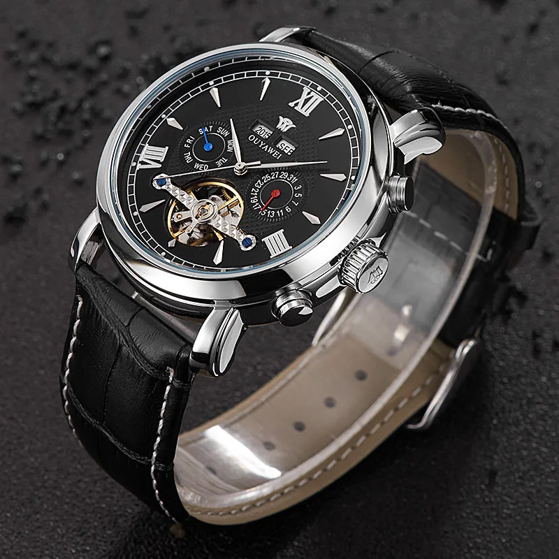 OUYAWEI Скелет механические часы Роскошные мужские черные Tourbillon бизнес бренд Кожа