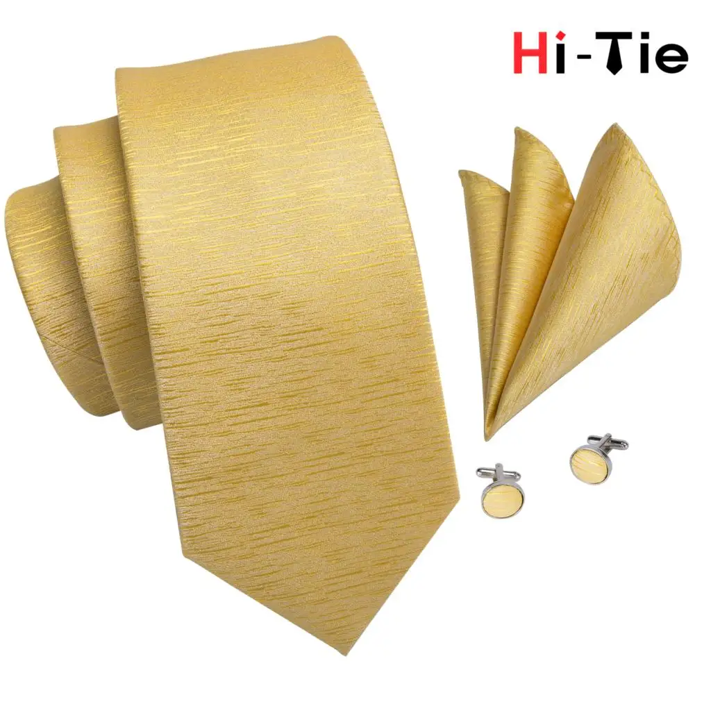 

Men Silk Ties Solid Yellow Necktie Gold Neck Tie Handkerchief Cufflinks Set Formal Cravat Gift for Wedding Party Hi-Tie C-3251