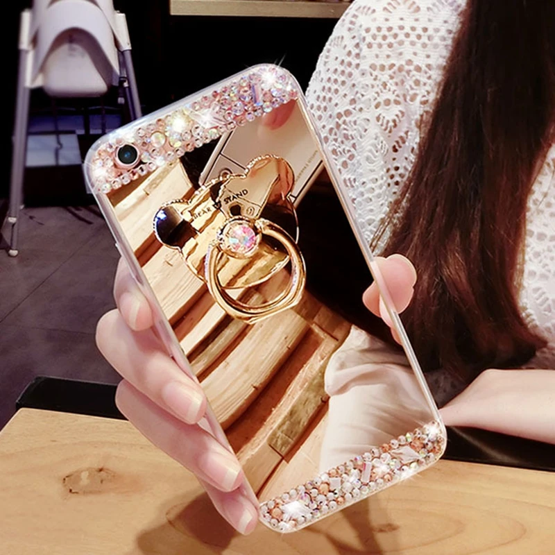 For iPhone 6 6S Case Giltter Rhinestone Mirror Ring Holder Silicon Cover iPhone6 Diamond Finger Grip Stand Capa | Мобильные телефоны