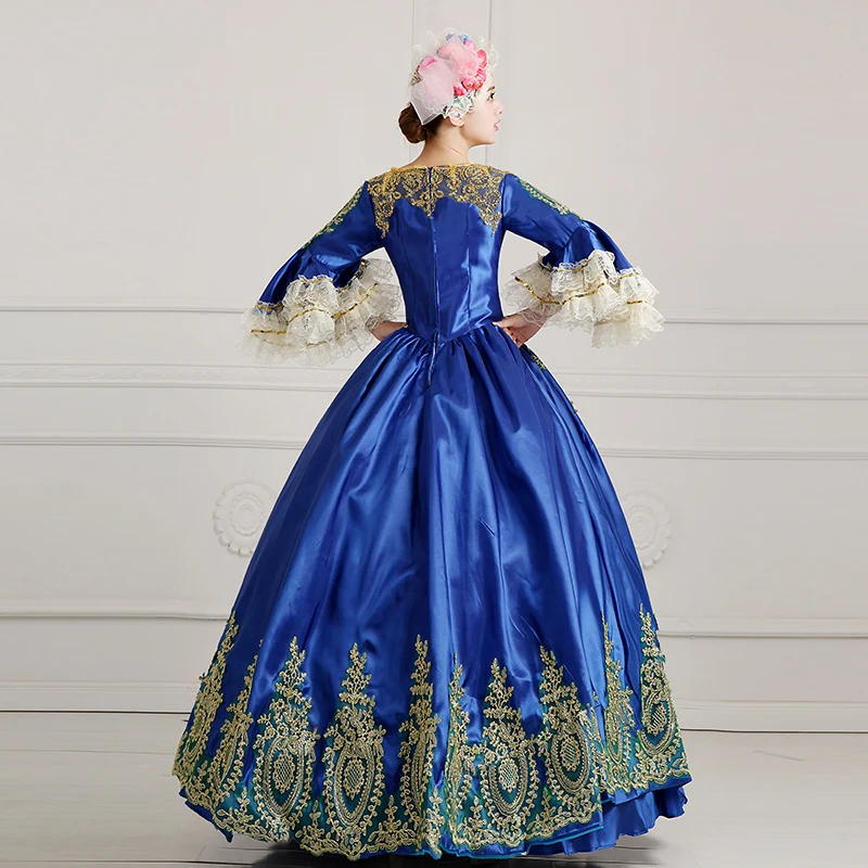 100% реальное Королевская Синяя золотая вышивка платье средневековое эпохи