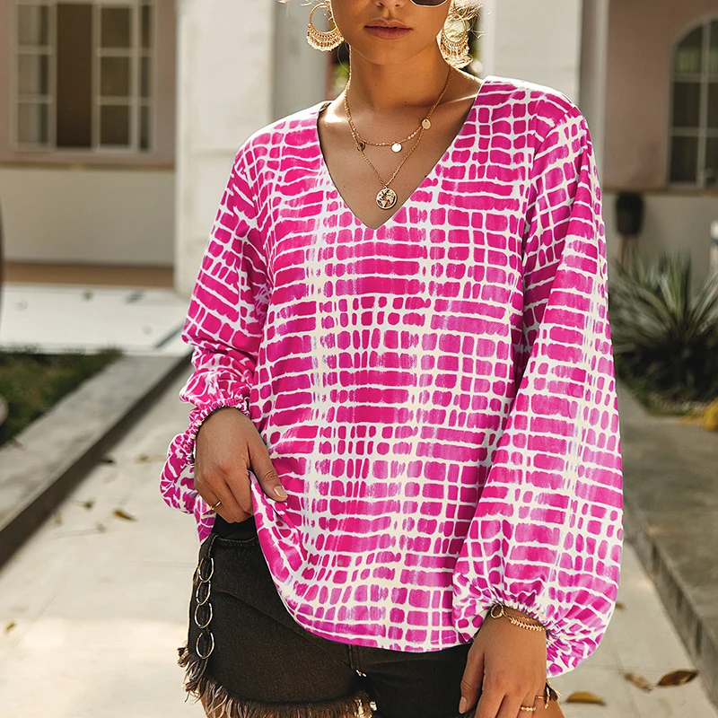 Women Tops Blouse Loose Casual Fashion Office Baggy Boho Plus size Tee Party V Neck Long Sleeves Shirt Printed |