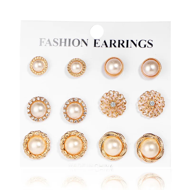 

fuyo Gold Color Flower Hollow Stud Earring Vintage Crystal Simulated Pearl Earrings Set For Women Wedding Jewelry 6 Pairs/Set
