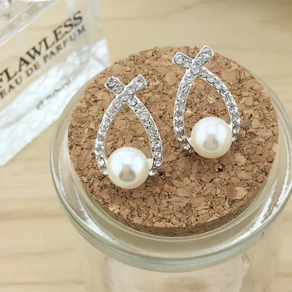 Корея Горячая Мода крест Brincos Oorbellen Bijoux имитация-жемчужина; стразы; хрусталь серьги-гвоздики для женщин ювелирные изделия