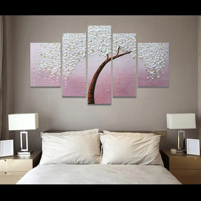 Hand Painted modern abstract Pink blue green flower tree oil Painting thick palette knife 5pieces home wall decoration pictures | Дом и сад