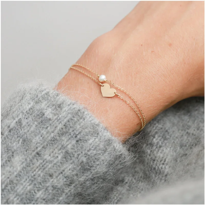 

2pcs/set Cute Romantic Love Heart Bracelet Gold Chain Pearl Charm Bracelets for Women Hand Jewelry