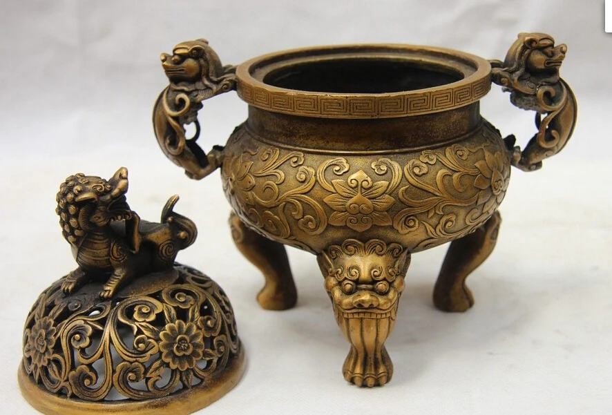 China Buddhism Bronze Copper Home Decoration Foo Dog Lion Incense Burner Censer |