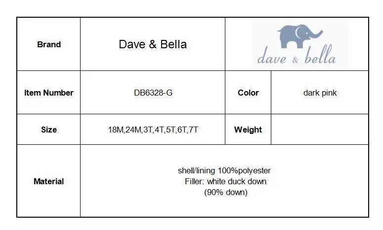 DB6328-G dave bella/зимняя куртка-пуховик для маленьких девочек детское пальто с подкладкой из 90% белого утиного пуха детская верхняя одежда с капюшоном